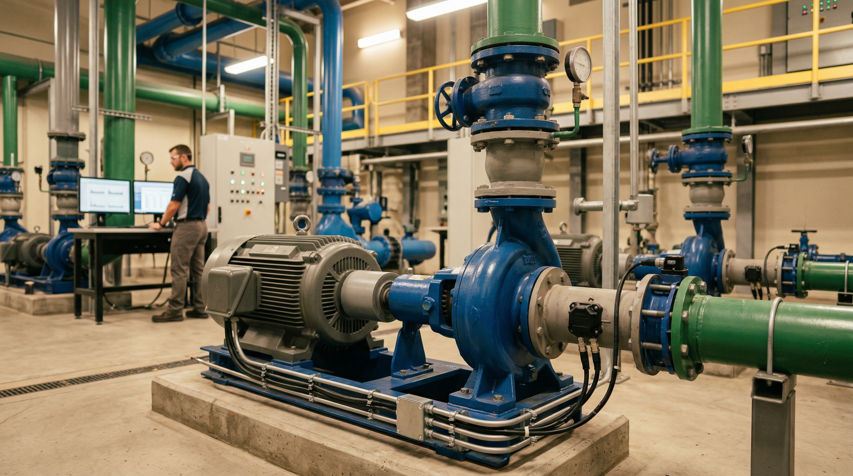 Industriële pompkamer met leidingen en monitoringapparatuur